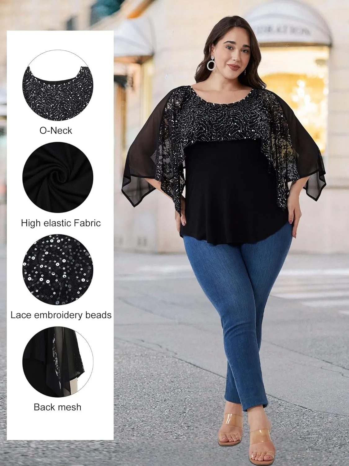 Sequins Plus Size Tops for Women Elegant Shirt Lace Half Sleeve Tunic Gowns Evening Cocktail Blouse
