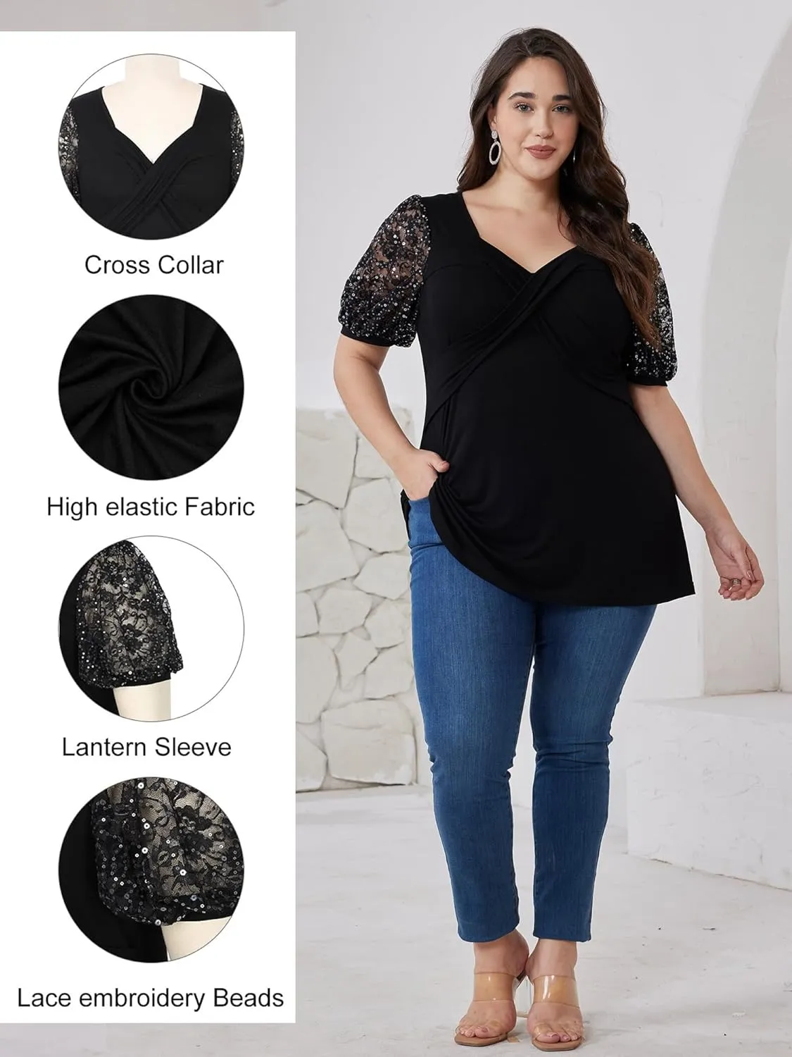 Sequins Plus Size Tops for Women Elegant Shirt Lace Half Sleeve Tunic Gowns Evening Cocktail Blouse