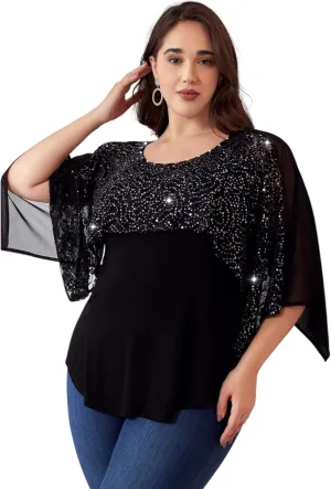 Sequins Plus Size Tops for Women Elegant Shirt Lace Half Sleeve Tunic Gowns Evening Cocktail Blouse