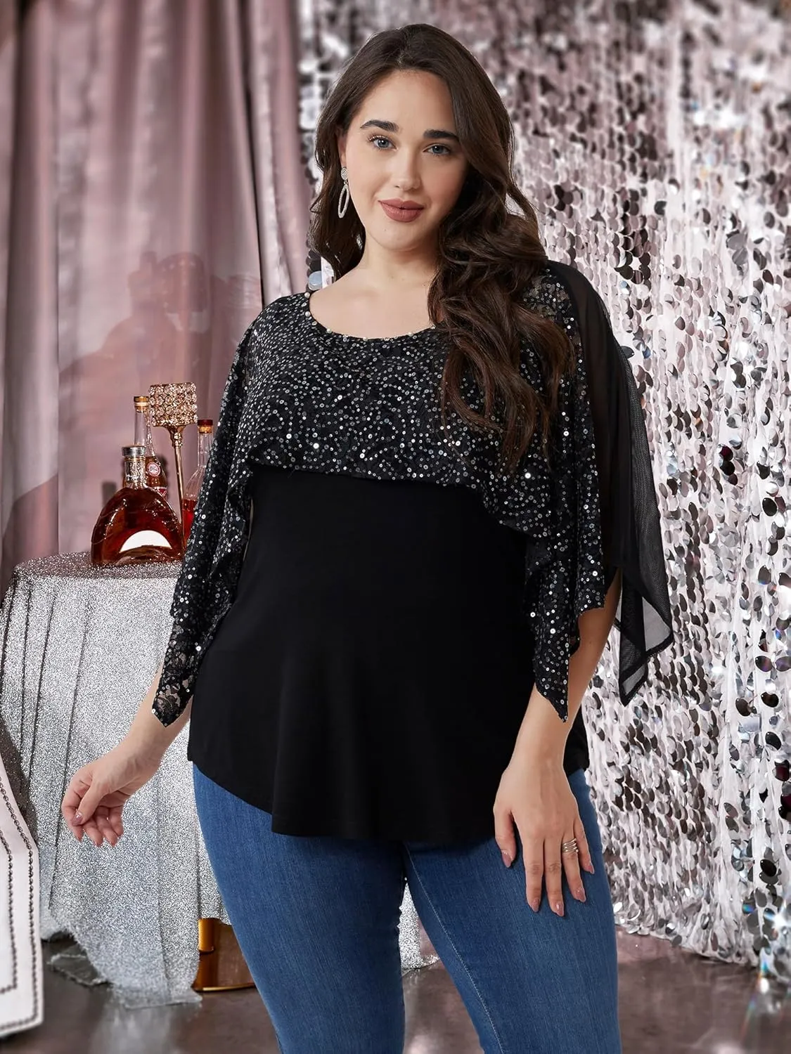Sequins Plus Size Tops for Women Elegant Shirt Lace Half Sleeve Tunic Gowns Evening Cocktail Blouse
