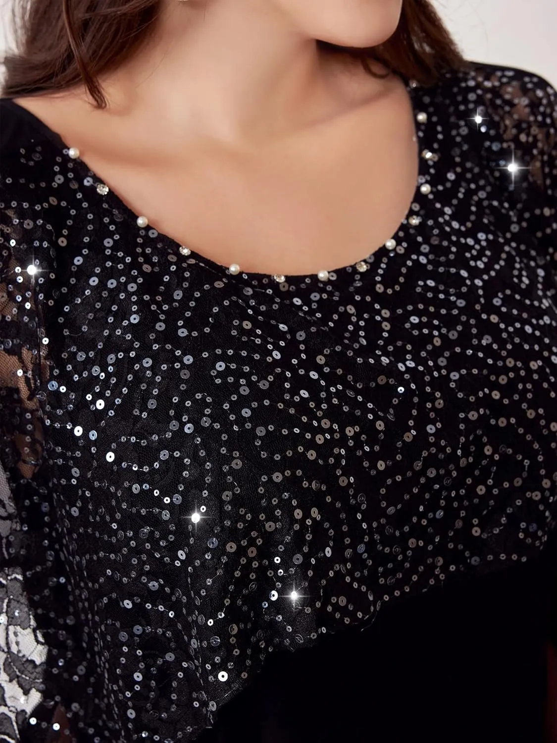 Sequins Plus Size Tops for Women Elegant Shirt Lace Half Sleeve Tunic Gowns Evening Cocktail Blouse