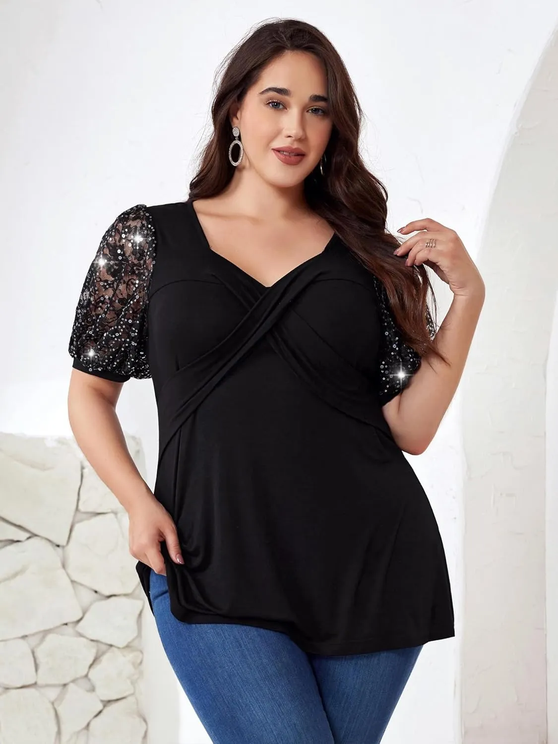 Sequins Plus Size Tops for Women Elegant Shirt Lace Half Sleeve Tunic Gowns Evening Cocktail Blouse