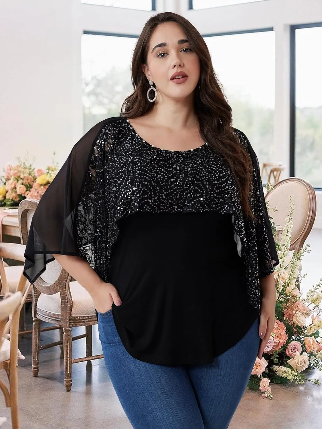 Sequins Plus Size Tops for Women Elegant Shirt Lace Half Sleeve Tunic Gowns Evening Cocktail Blouse
