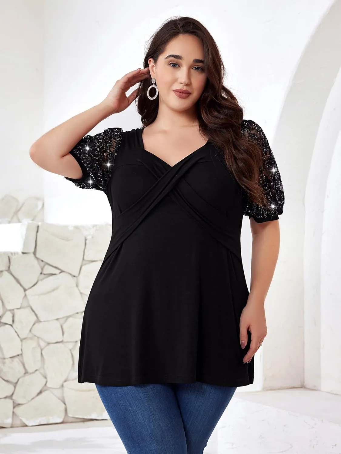 Sequins Plus Size Tops for Women Elegant Shirt Lace Half Sleeve Tunic Gowns Evening Cocktail Blouse