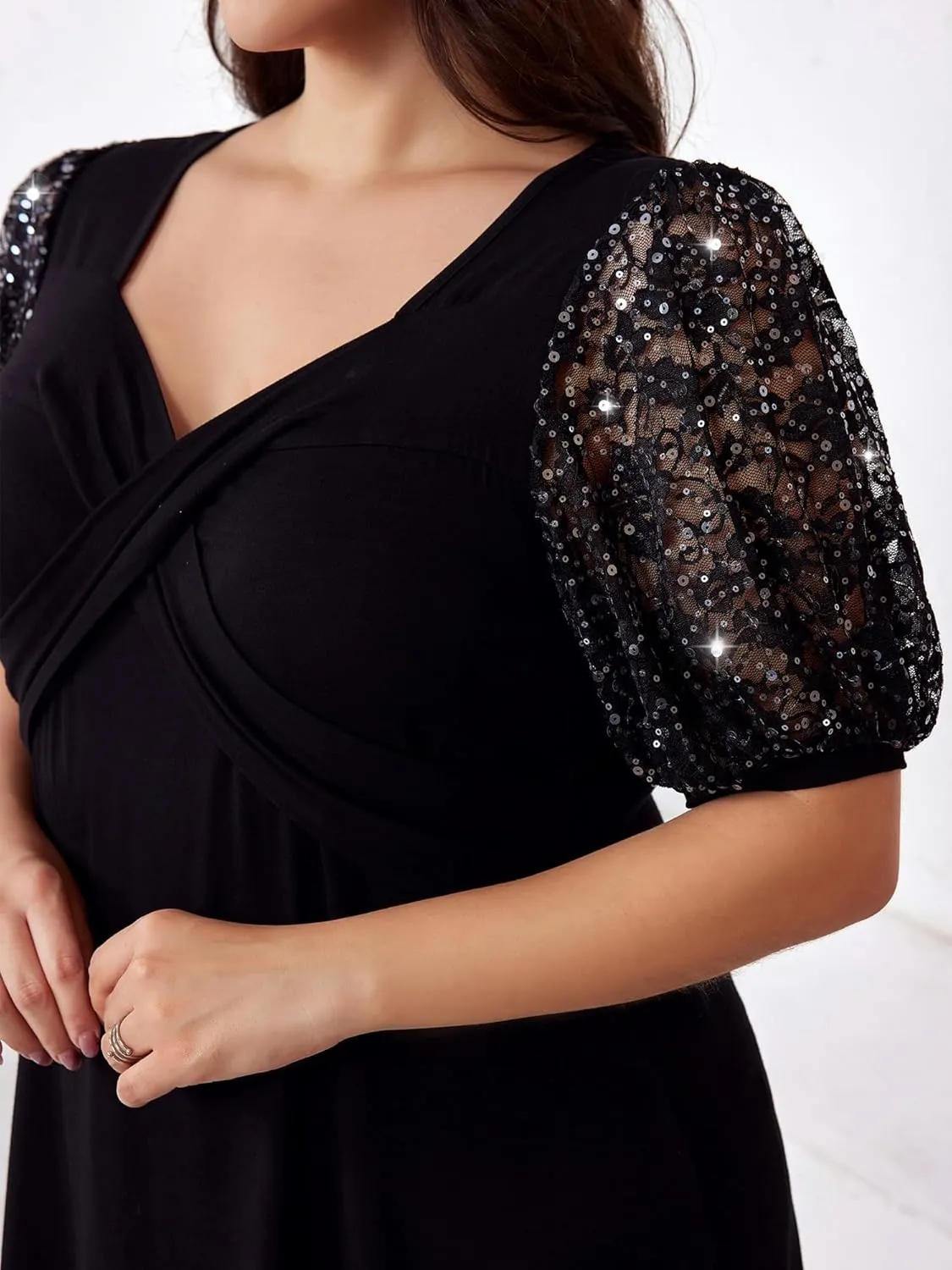 Sequins Plus Size Tops for Women Elegant Shirt Lace Half Sleeve Tunic Gowns Evening Cocktail Blouse