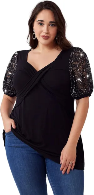 Sequins Plus Size Tops for Women Elegant Shirt Lace Half Sleeve Tunic Gowns Evening Cocktail Blouse