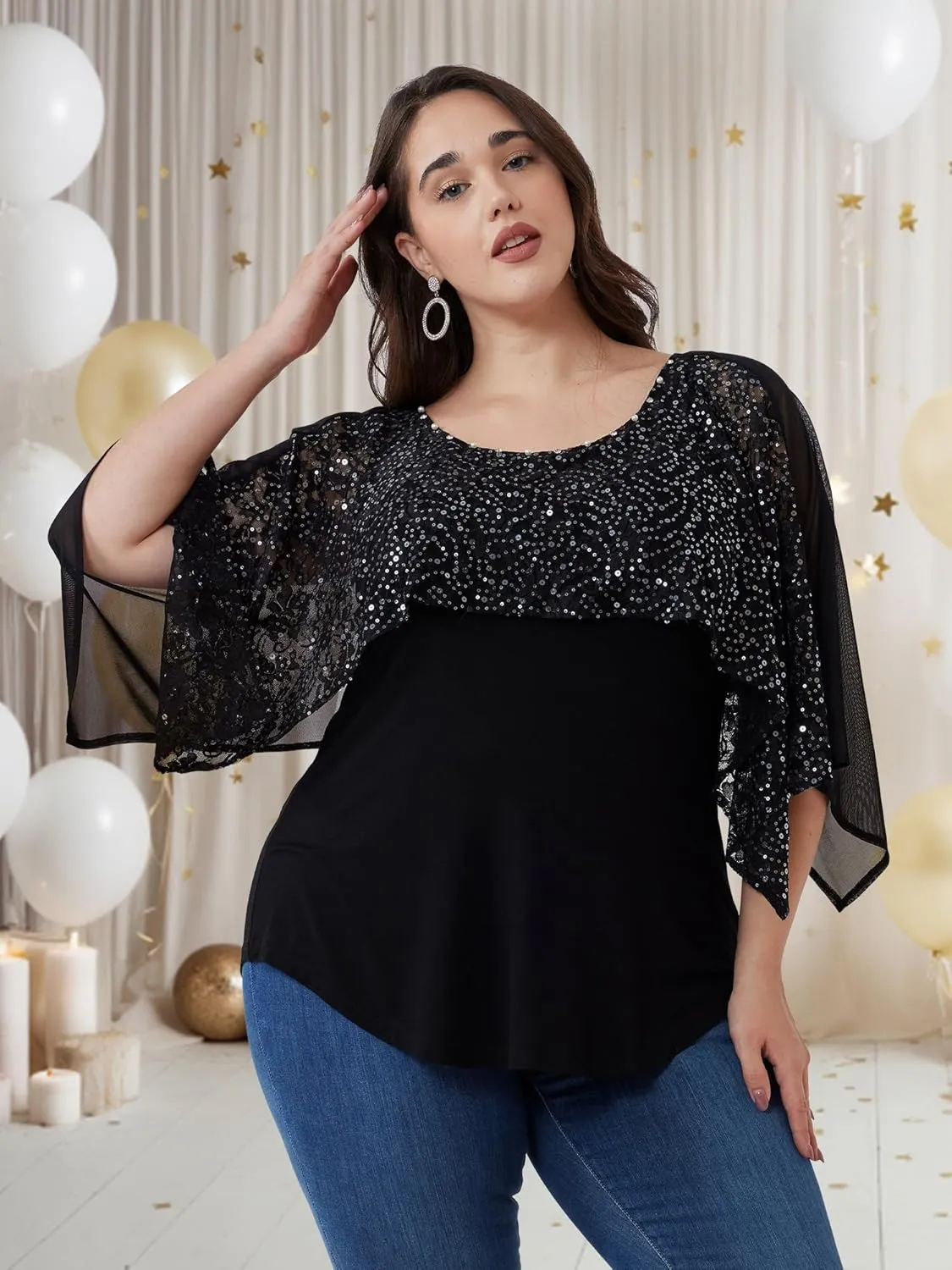 Sequins Plus Size Tops for Women Elegant Shirt Lace Half Sleeve Tunic Gowns Evening Cocktail Blouse