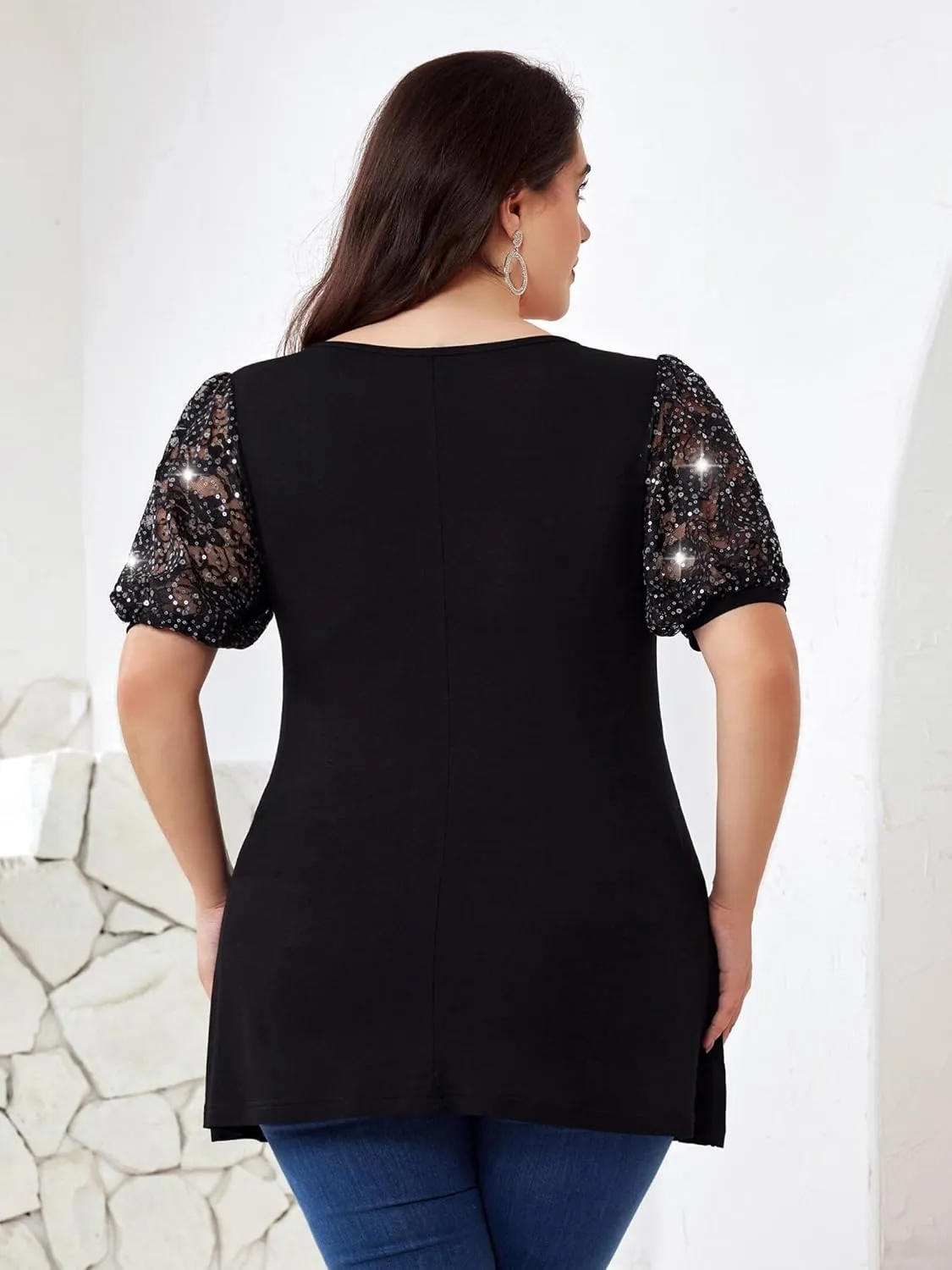 Sequins Plus Size Tops for Women Elegant Shirt Lace Half Sleeve Tunic Gowns Evening Cocktail Blouse