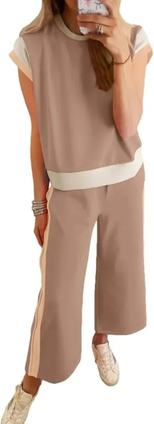SHEWIN Women's 2 Piece Lounge Sets Casual Short Sleeve Pullover Tops Matching Wide Leg Pants Tracksuit Set