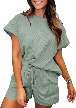 SHEWIN Women's 2 Piece Outfits Lounge Sets Casual Short Sleeve Shirts Shorts Cozy Pajamas Sweatsuit Set