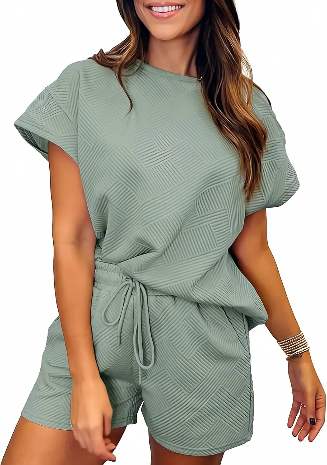SHEWIN Women's 2 Piece Outfits Lounge Sets Casual Short Sleeve Shirts Shorts Cozy Pajamas Sweatsuit Set