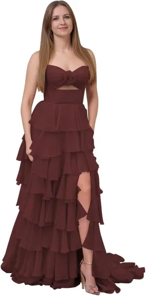 SHSUREVE Tiered Strapless Prom Dresses with Slit Long A Line Ruffle Chiffon Formal Evening Gowns for Women