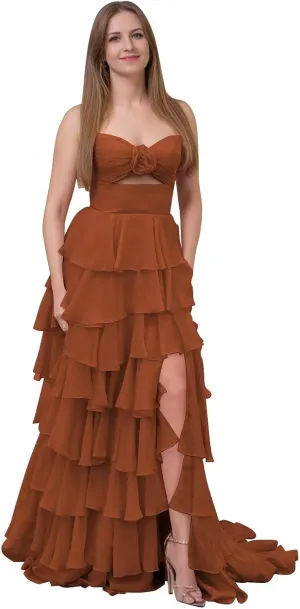 SHSUREVE Tiered Strapless Prom Dresses with Slit Long A Line Ruffle Chiffon Formal Evening Gowns for Women