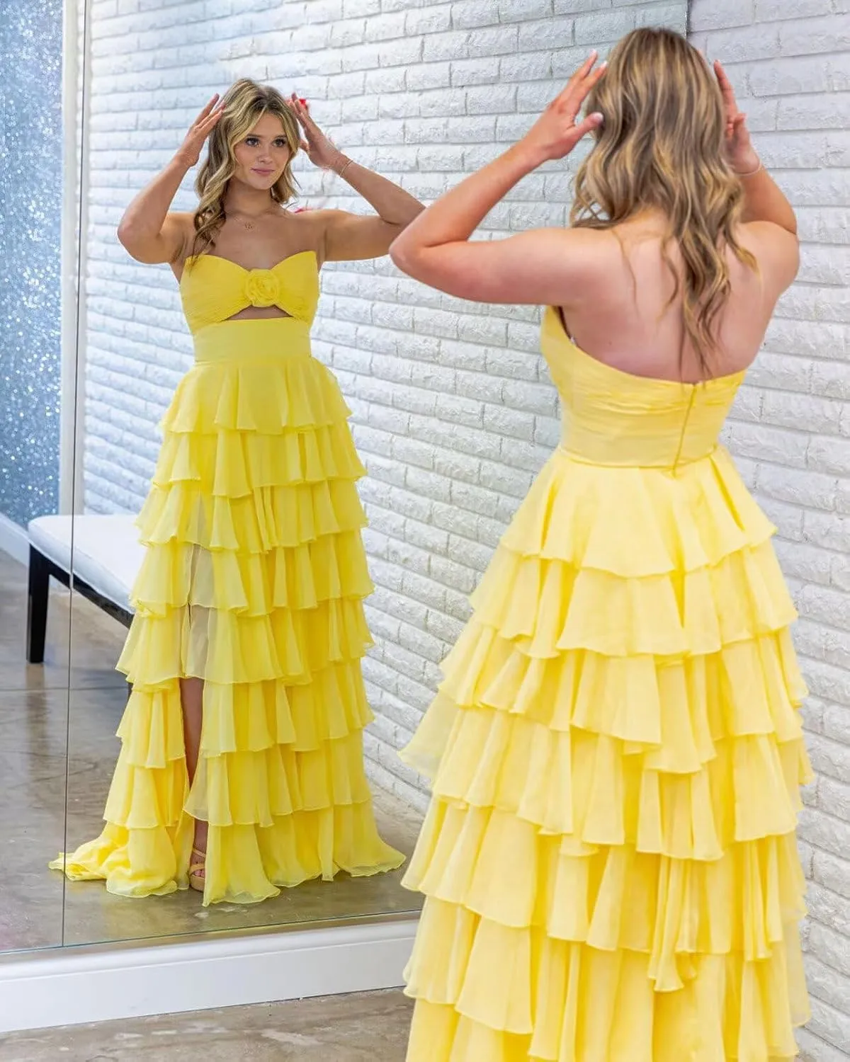 SHSUREVE Tiered Strapless Prom Dresses with Slit Long A Line Ruffle Chiffon Formal Evening Gowns for Women