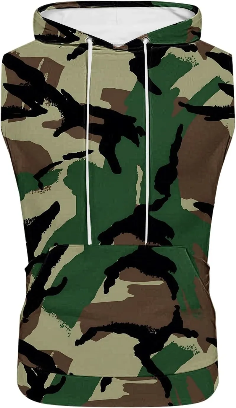 Sleeveless Hoodies for Men Camouflage Tank Tops Hooded with Kanga Pockets 2025 Summer Shirts Workout Gym Training Tee