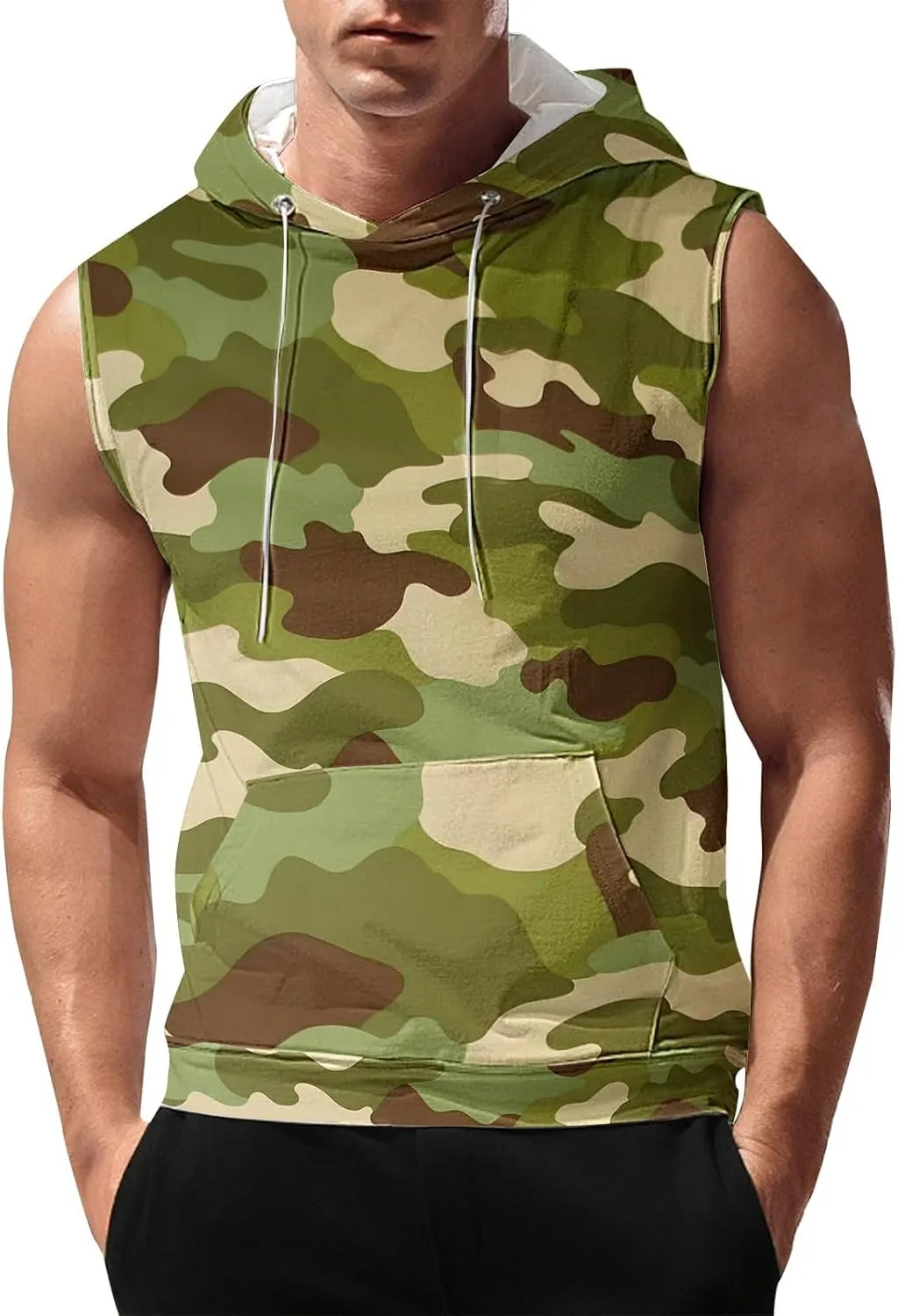 Sleeveless Hoodies for Men Camouflage Tank Tops Hooded with Kanga Pockets 2025 Summer Shirts Workout Gym Training Tee
