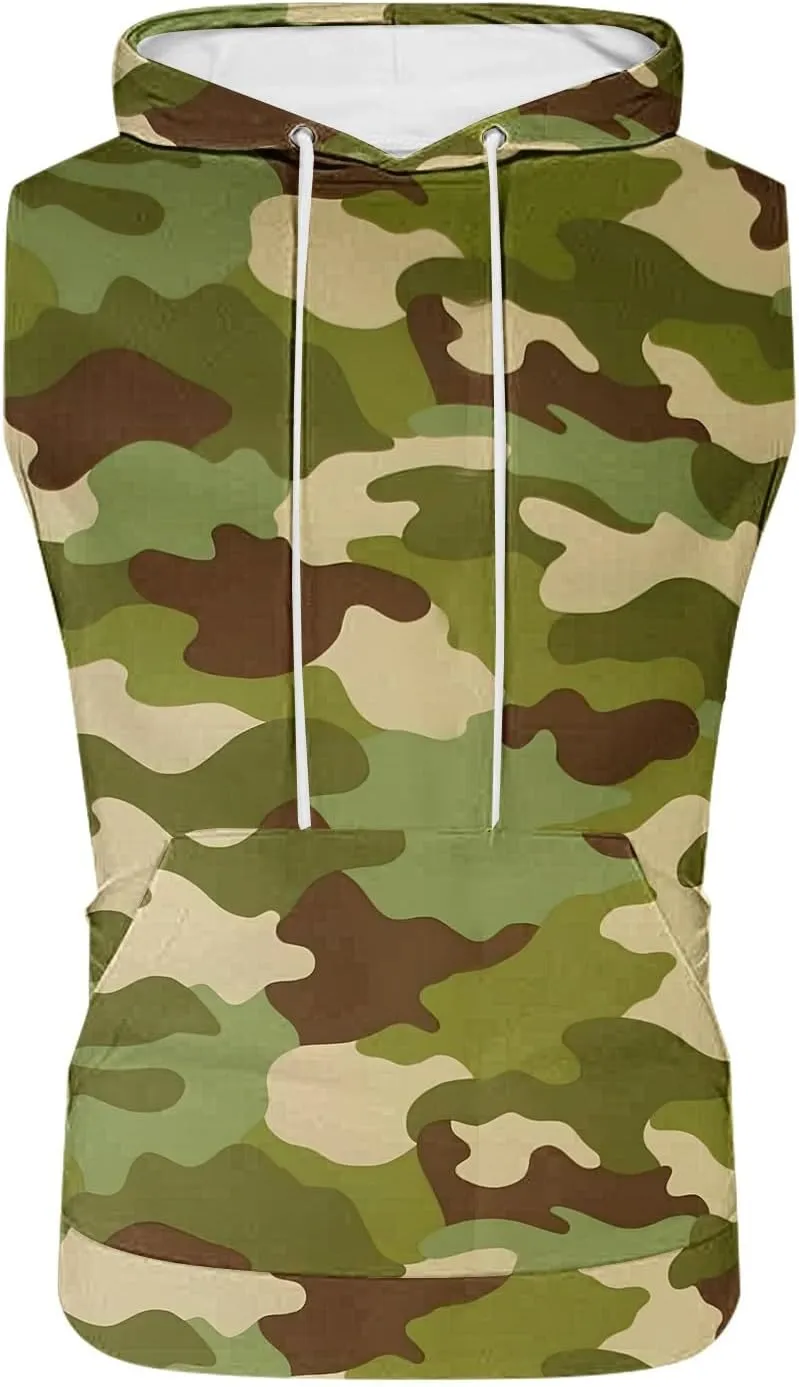 Sleeveless Hoodies for Men Camouflage Tank Tops Hooded with Kanga Pockets 2025 Summer Shirts Workout Gym Training Tee