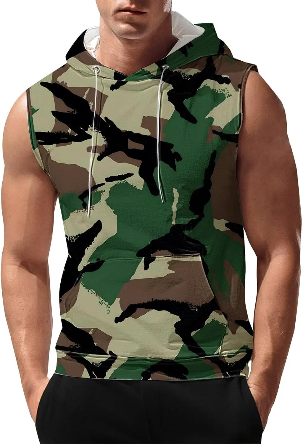 Sleeveless Hoodies for Men Camouflage Tank Tops Hooded with Kanga Pockets 2025 Summer Shirts Workout Gym Training Tee