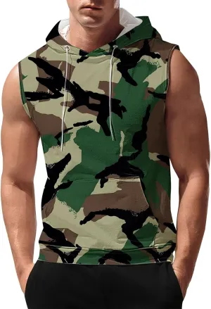 Sleeveless Hoodies for Men Camouflage Tank Tops Hooded with Kanga Pockets 2025 Summer Shirts Workout Gym Training Tee