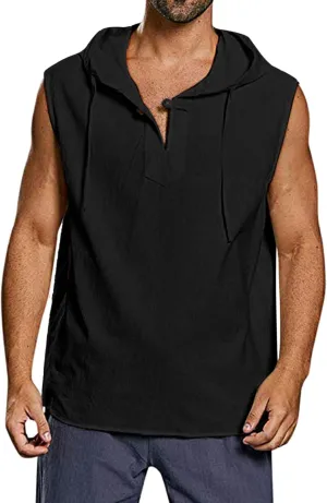 Sleeveless Hoodies for Men Cotton Linen Beach Tank Tops Shirt Bohemian Hippie Renaissance Pirate Kilt Medieval Tunic