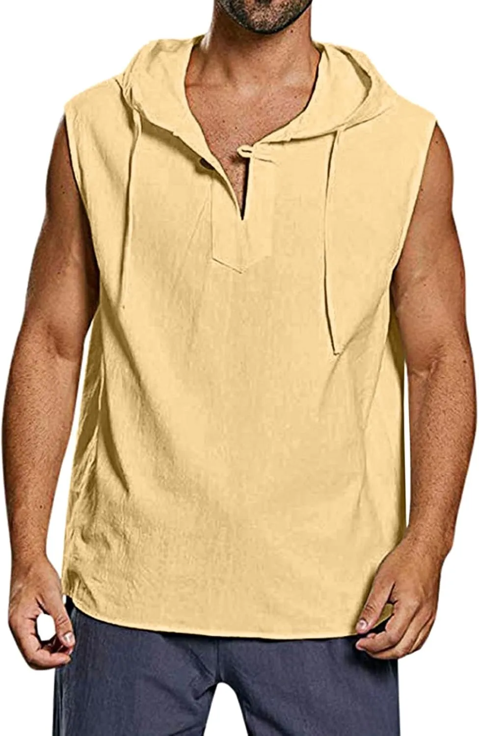 Sleeveless Hoodies for Men Cotton Linen Beach Tank Tops Shirt Bohemian Hippie Renaissance Pirate Kilt Medieval Tunic