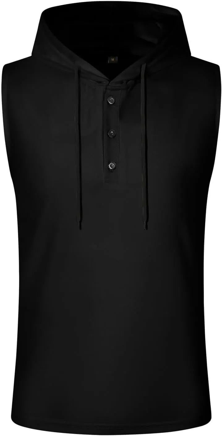 Sleeveless Hoodies for Men Half Button Tank Tops with Hood Casual Pullover Hooded Drawstring Solid Athletic Shirt Tee