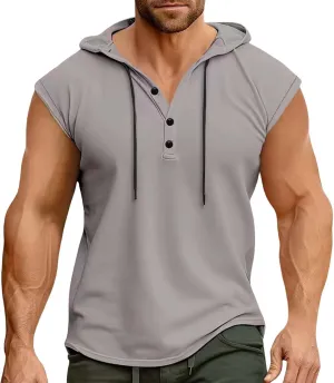 Sleeveless Hoodies for Men Half Button Tank Tops with Hood Casual Pullover Hooded Drawstring Solid Athletic Shirt Tee