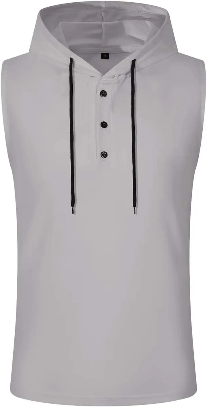 Sleeveless Hoodies for Men Half Button Tank Tops with Hood Casual Pullover Hooded Drawstring Solid Athletic Shirt Tee