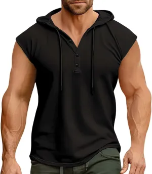 Sleeveless Hoodies for Men Half Button Tank Tops with Hood Casual Pullover Hooded Drawstring Solid Athletic Shirt Tee
