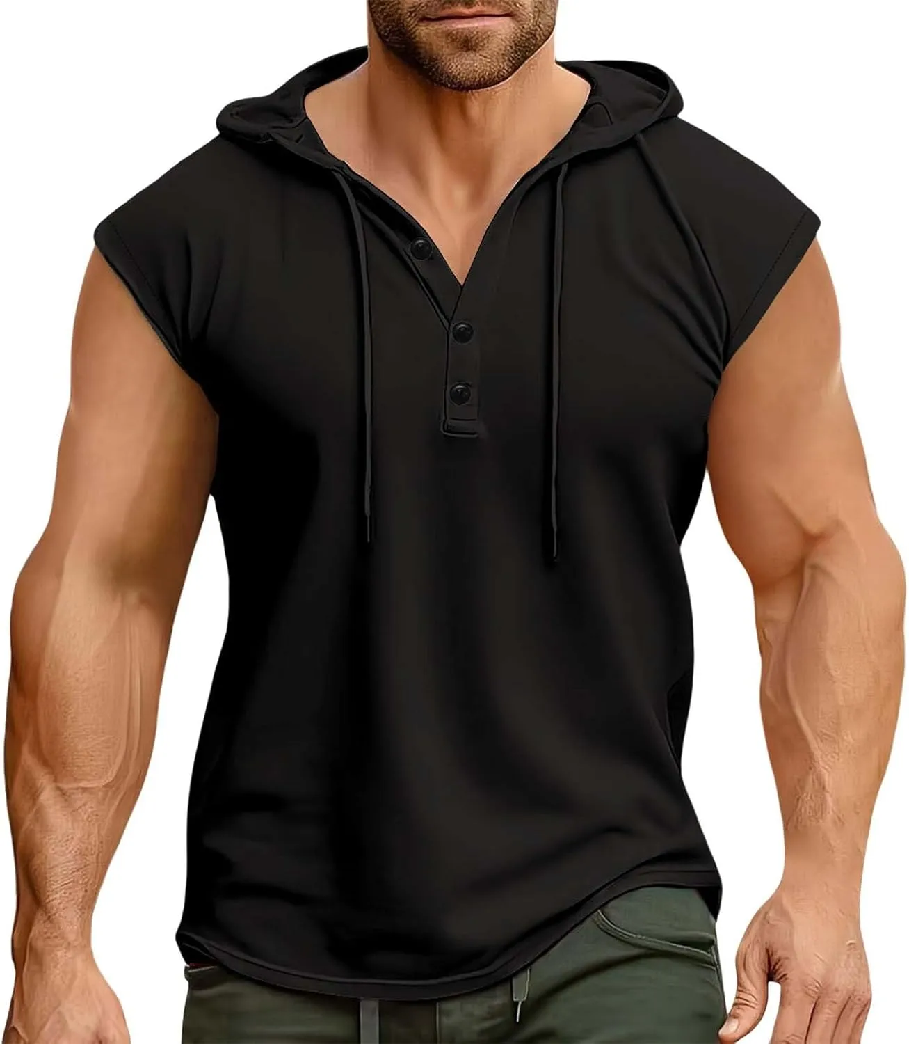 Sleeveless Hoodies for Men Half Button Tank Tops with Hood Casual Pullover Hooded Drawstring Solid Athletic Shirt Tee
