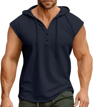 Sleeveless Hoodies for Men Half Button Tank Tops with Hood Casual Pullover Hooded Drawstring Solid Athletic Shirt Tee