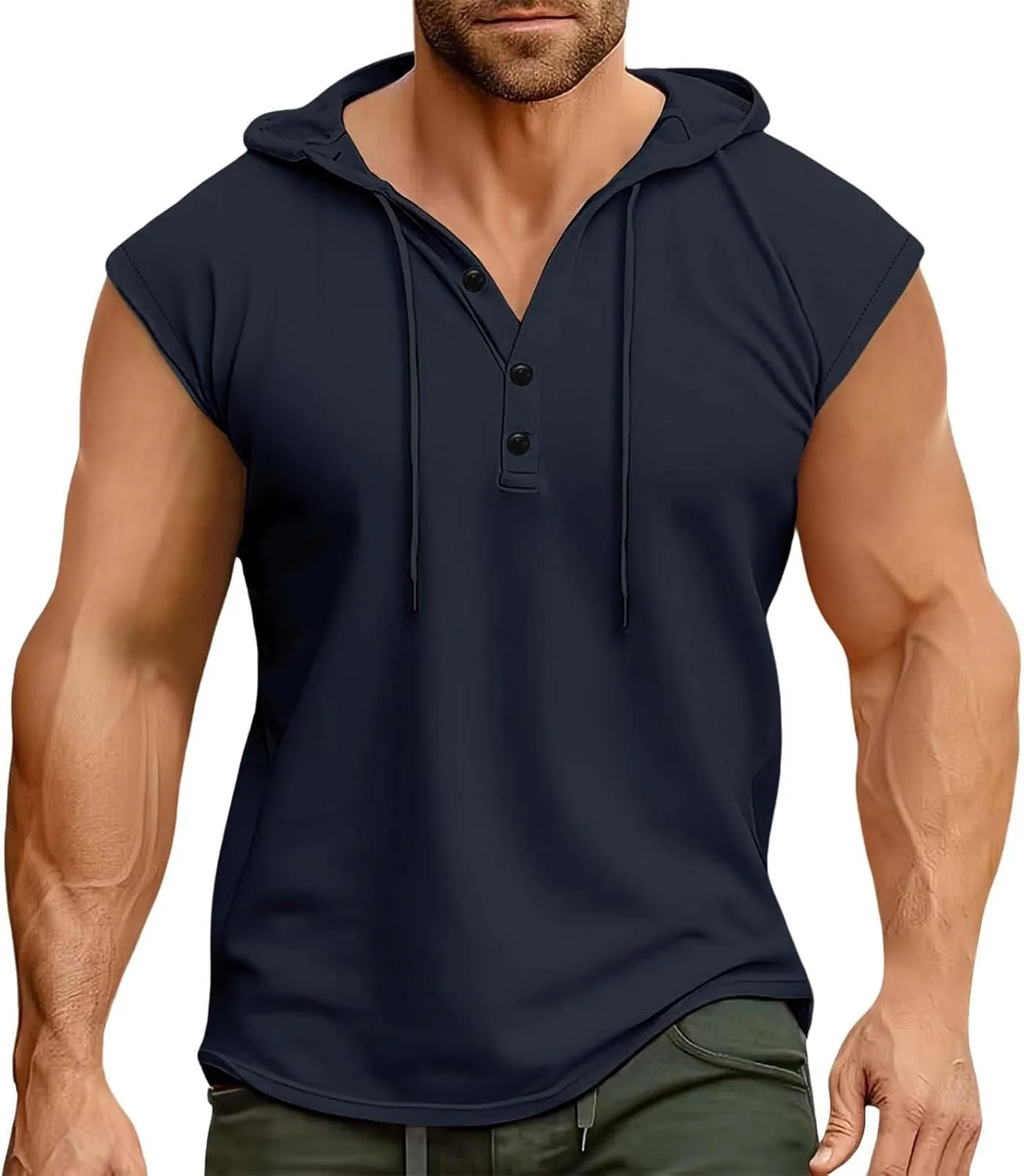 Sleeveless Hoodies for Men Half Button Tank Tops with Hood Casual Pullover Hooded Drawstring Solid Athletic Shirt Tee