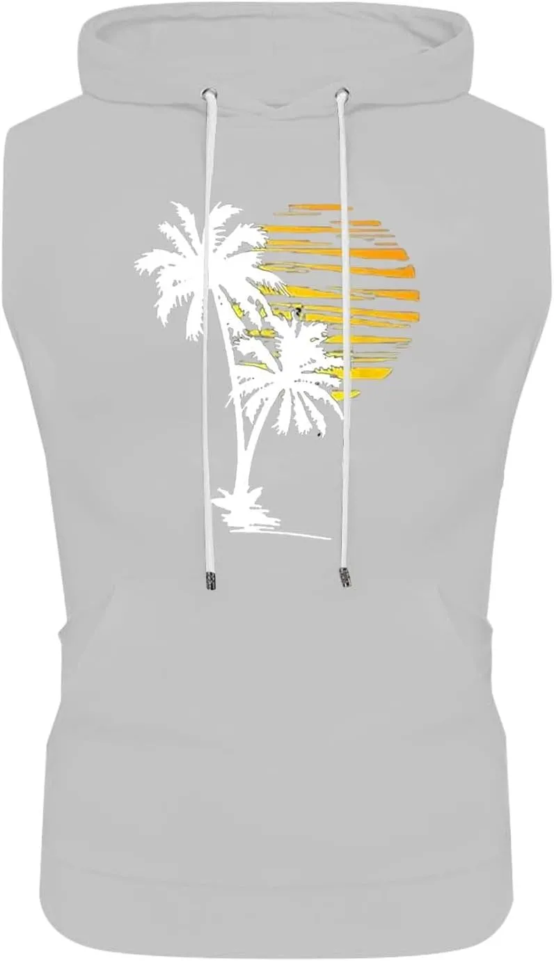 Sleeveless Hoodies for Men Hooded Tank Top Men Sun Palm Tree Summer Tops Muscle Shirts Gym Athletic Shirt Graphic Tee