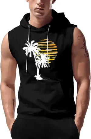 Sleeveless Hoodies for Men Hooded Tank Top Men Sun Palm Tree Summer Tops Muscle Shirts Gym Athletic Shirt Graphic Tee