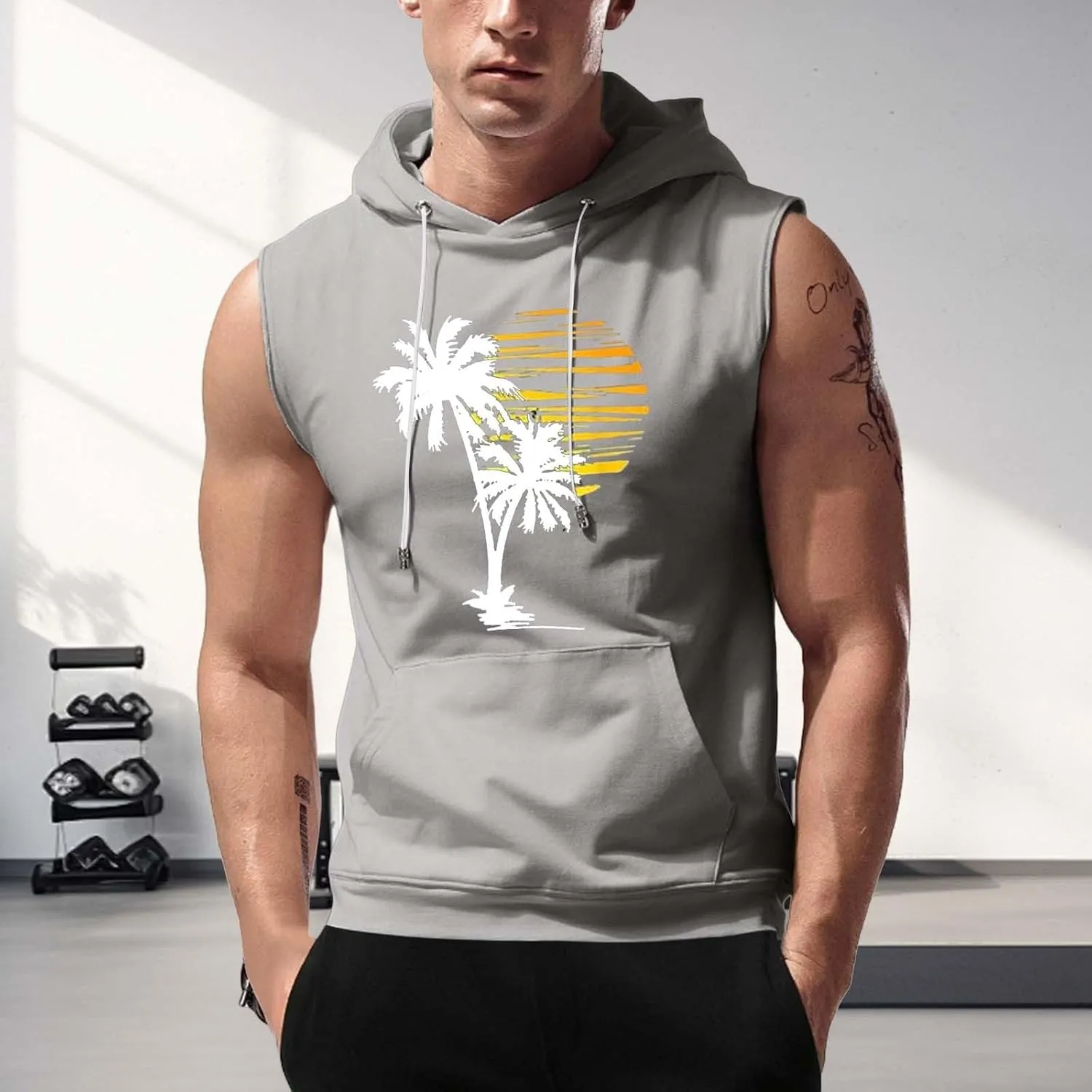 Sleeveless Hoodies for Men Hooded Tank Top Men Sun Palm Tree Summer Tops Muscle Shirts Gym Athletic Shirt Graphic Tee