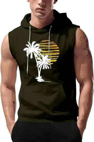 Sleeveless Hoodies for Men Hooded Tank Top Men Sun Palm Tree Summer Tops Muscle Shirts Gym Athletic Shirt Graphic Tee