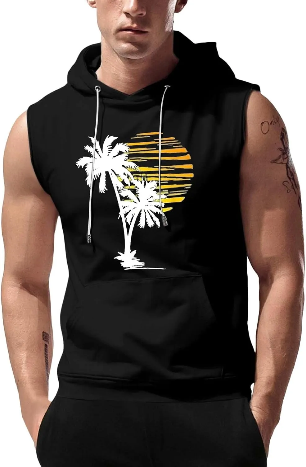 Sleeveless Hoodies for Men Hooded Tank Top Men Sun Palm Tree Summer Tops Muscle Shirts Gym Athletic Shirt Graphic Tee