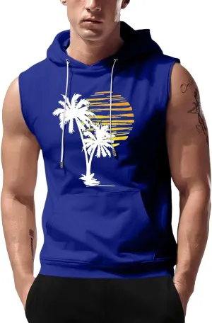 Sleeveless Hoodies for Men Hooded Tank Top Men Sun Palm Tree Summer Tops Muscle Shirts Gym Athletic Shirt Graphic Tee