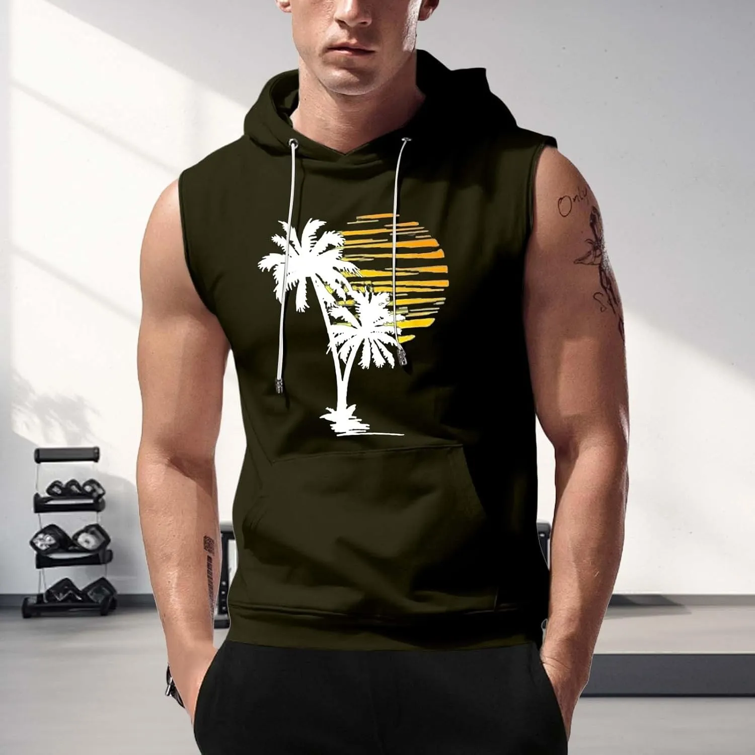 Sleeveless Hoodies for Men Hooded Tank Top Men Sun Palm Tree Summer Tops Muscle Shirts Gym Athletic Shirt Graphic Tee