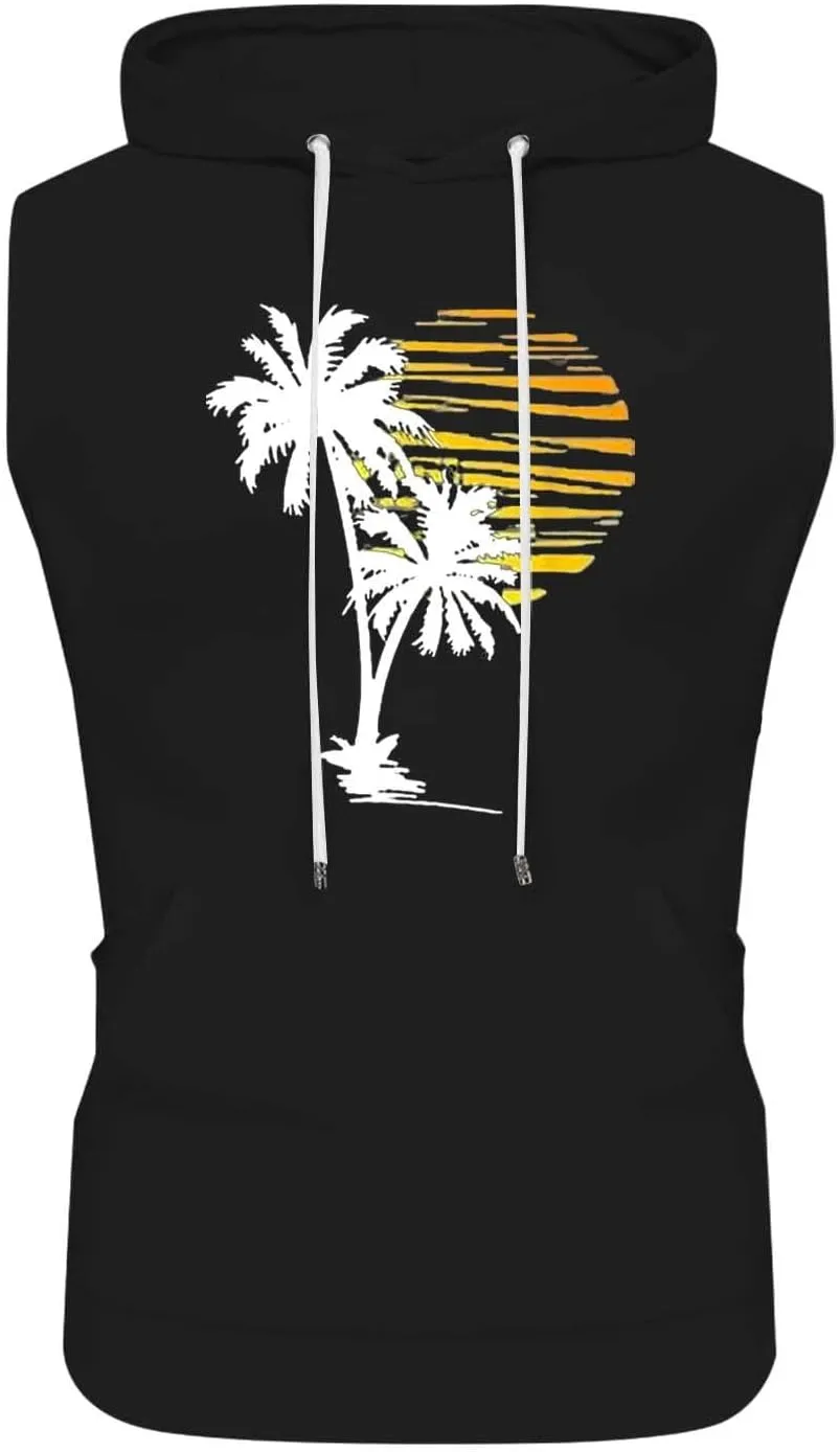 Sleeveless Hoodies for Men Hooded Tank Top Men Sun Palm Tree Summer Tops Muscle Shirts Gym Athletic Shirt Graphic Tee