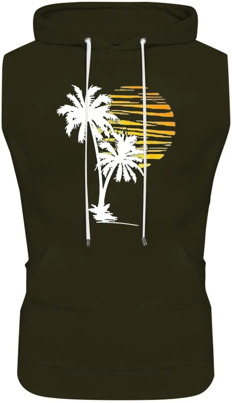 Sleeveless Hoodies for Men Hooded Tank Top Men Sun Palm Tree Summer Tops Muscle Shirts Gym Athletic Shirt Graphic Tee