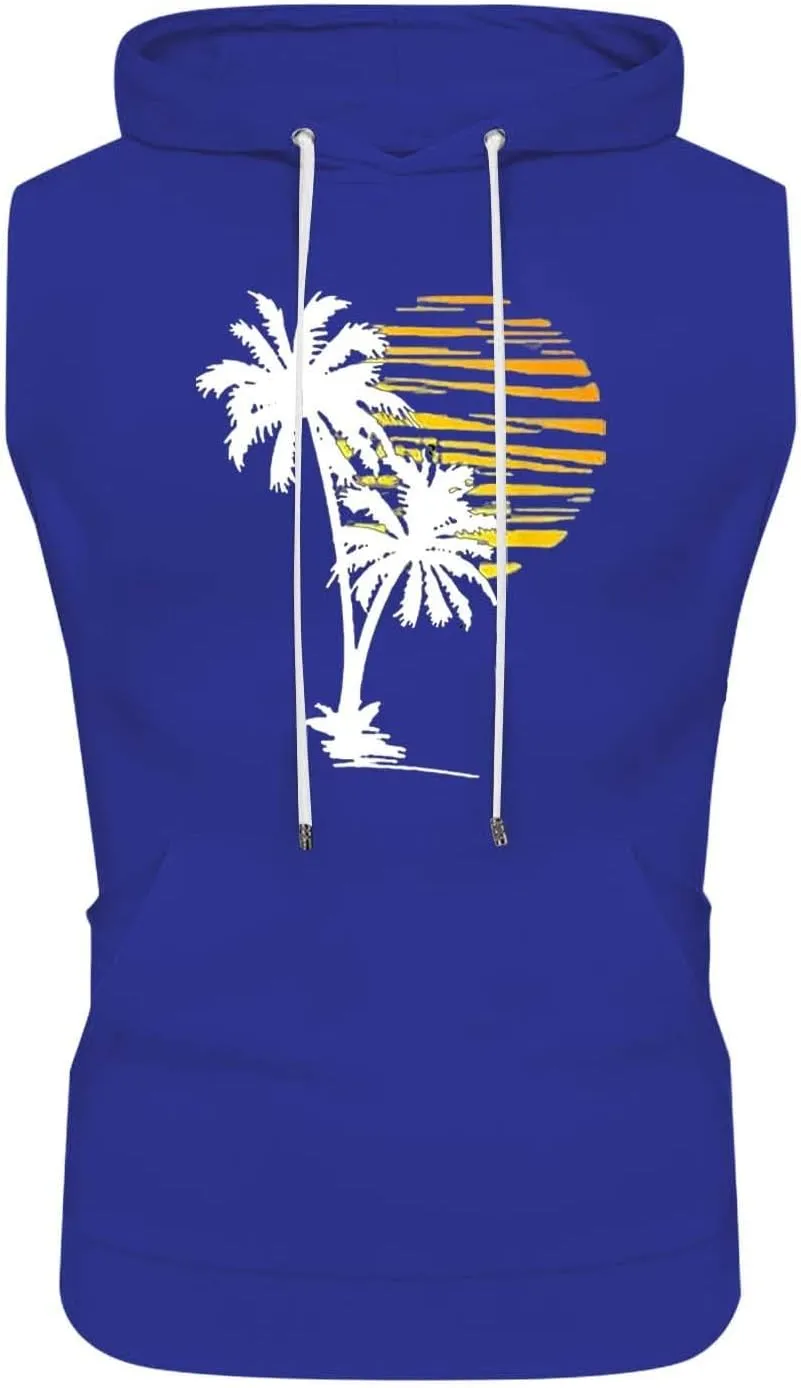 Sleeveless Hoodies for Men Hooded Tank Top Men Sun Palm Tree Summer Tops Muscle Shirts Gym Athletic Shirt Graphic Tee