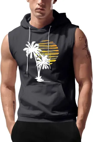 Sleeveless Hoodies for Men Hooded Tank Top Men Sun Palm Tree Summer Tops Muscle Shirts Gym Athletic Shirt Graphic Tee