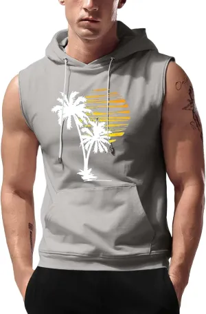 Sleeveless Hoodies for Men Hooded Tank Top Men Sun Palm Tree Summer Tops Muscle Shirts Gym Athletic Shirt Graphic Tee