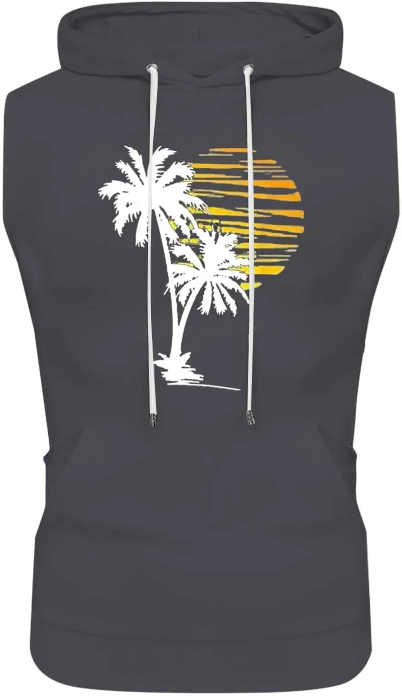 Sleeveless Hoodies for Men Hooded Tank Top Men Sun Palm Tree Summer Tops Muscle Shirts Gym Athletic Shirt Graphic Tee