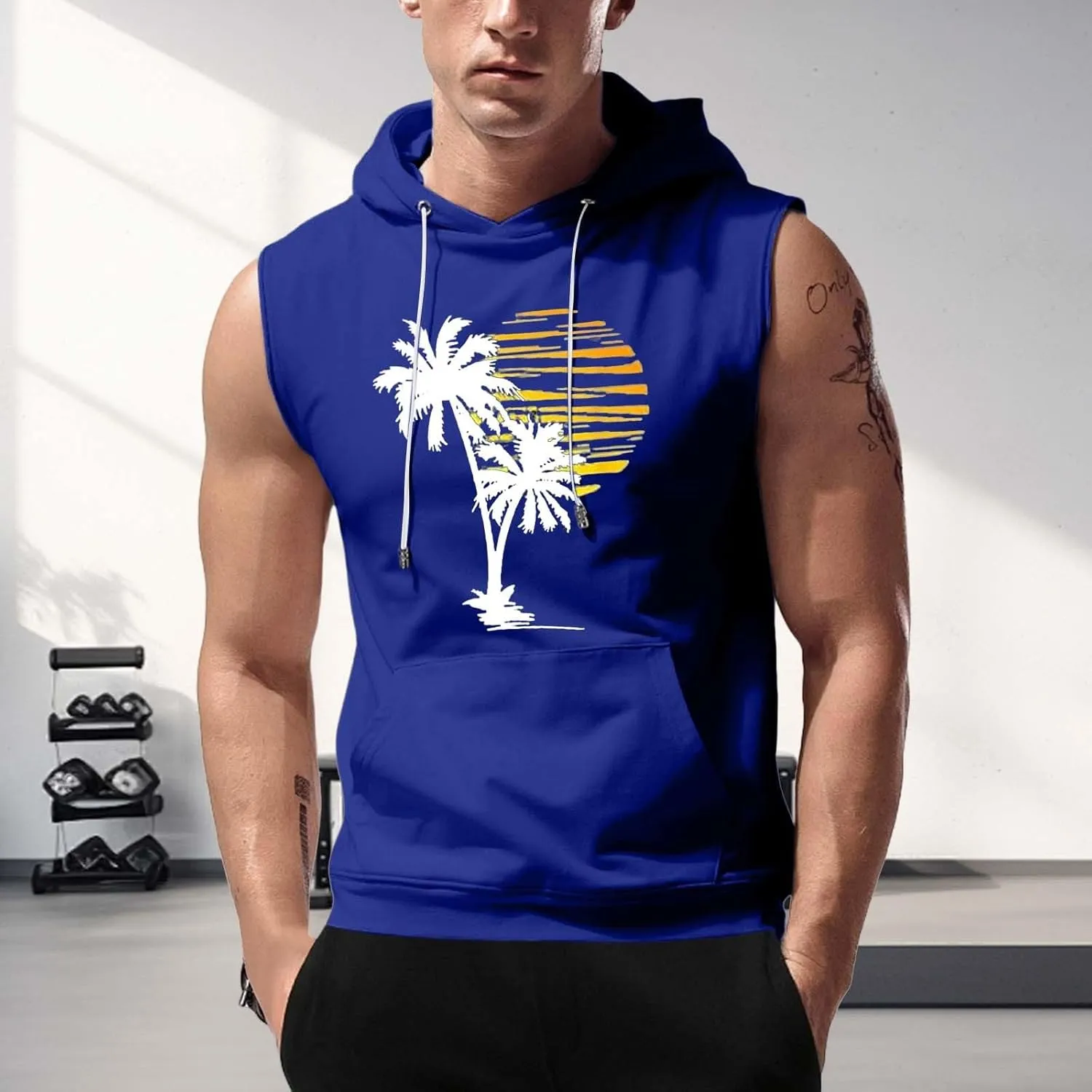 Sleeveless Hoodies for Men Hooded Tank Top Men Sun Palm Tree Summer Tops Muscle Shirts Gym Athletic Shirt Graphic Tee
