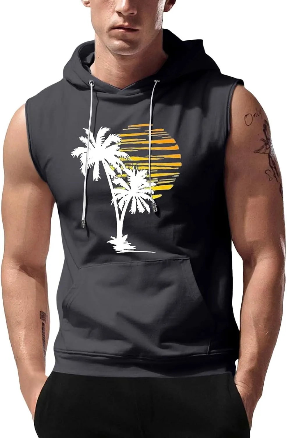 Sleeveless Hoodies for Men Hooded Tank Top Men Sun Palm Tree Summer Tops Muscle Shirts Gym Athletic Shirt Graphic Tee