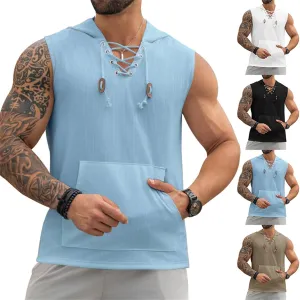 Sleeveless Hoodies for Men Lace Up V Neck Tank Tops with Hood Solid Fitness Muscle Shirts Summer Bodybuilding Gym Tee