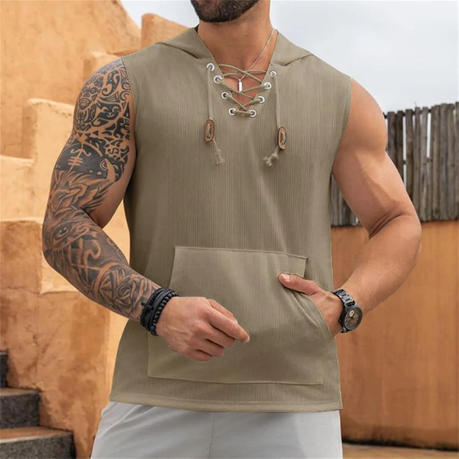 Sleeveless Hoodies for Men Lace Up V Neck Tank Tops with Hood Solid Fitness Muscle Shirts Summer Bodybuilding Gym Tee