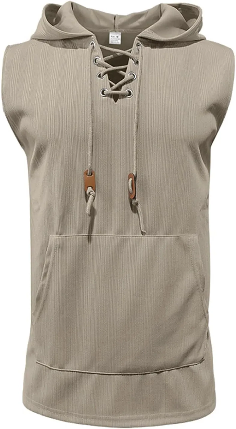 Sleeveless Hoodies for Men Lace Up V Neck Tank Tops with Hood Solid Fitness Muscle Shirts Summer Bodybuilding Gym Tee